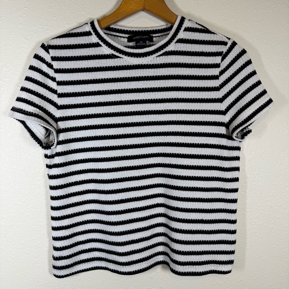 Sanctuary Light Weight Short Sleeve Knit Sweater Tee Boxy Fit XS Black & Cream